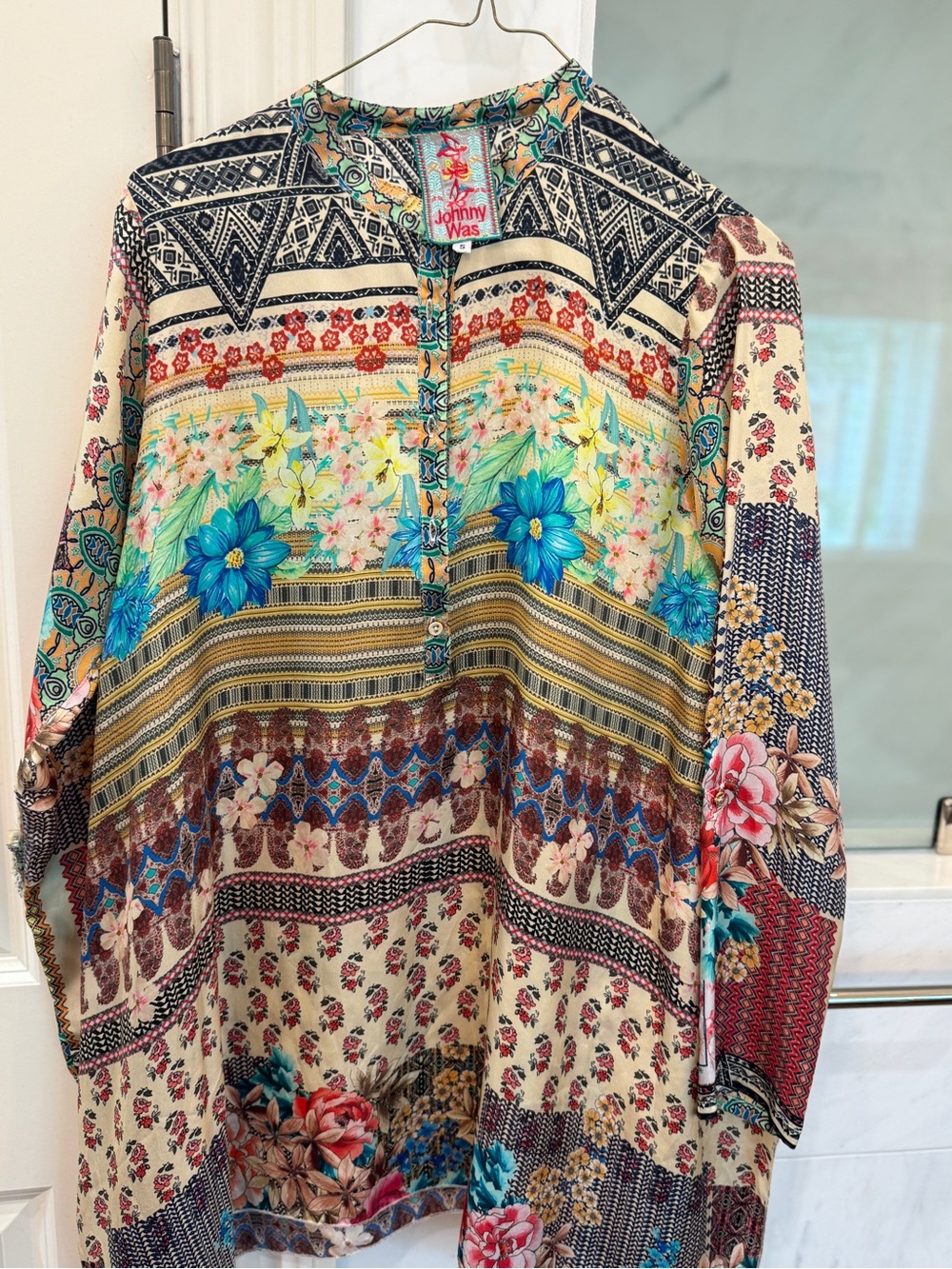 Johnny Was Multicolor Floral Mosaic Tunic with Cream Base - Picture 2 of 3